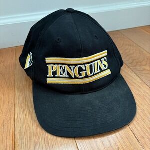 VINTAGE Pittsburgh Penguins Hat Snapback Black Embroidered NHL Hockey 90s‎ Annco